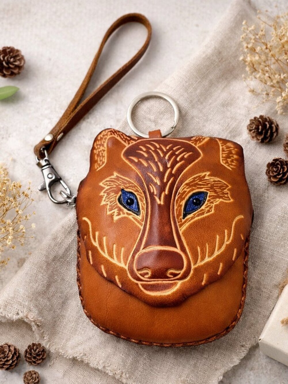 Handmade Leather Wolf Wristlet Wallet Blue Eyes Woodland Animal Coin Pouch Gift